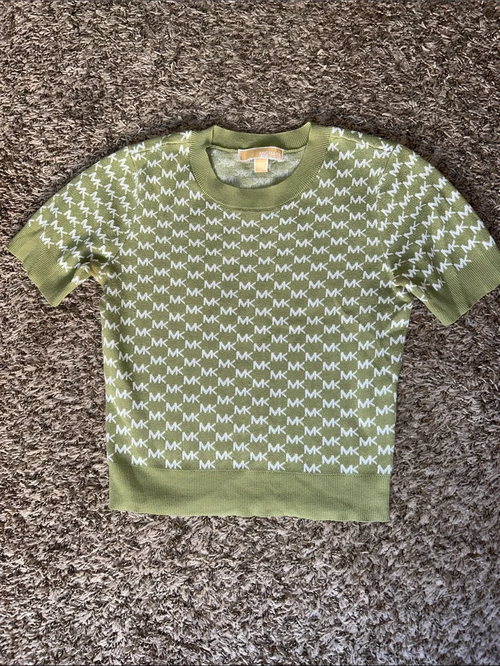 Michael Kors Knit Short Sleeve Logo Top - Green & White - Women’s Size Small